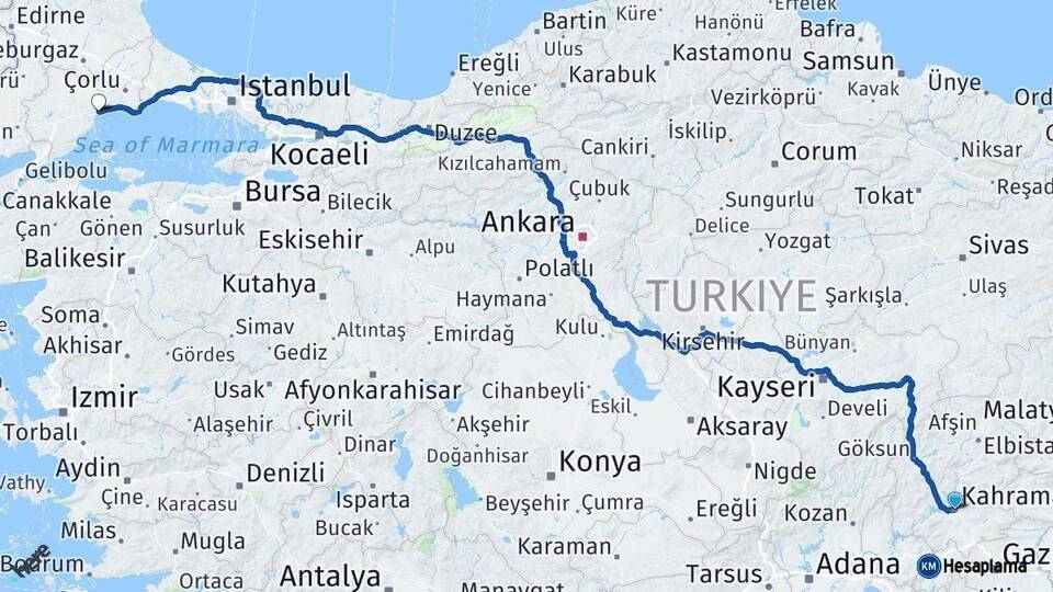 Kahramanmaraş Tekirdağ Arası Kaç Km - Yol Haritası