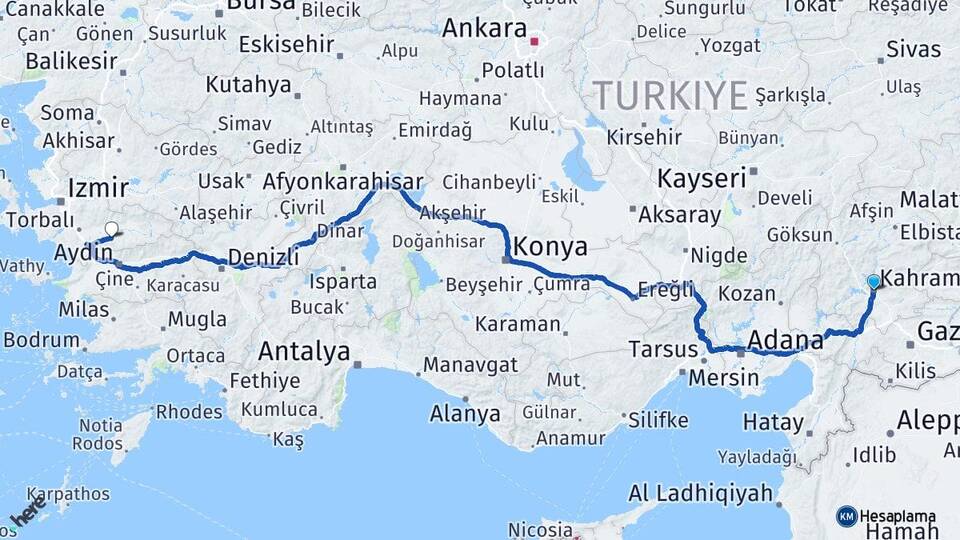 Kahramanmaraş Tire İzmir Arası Kaç Km - Yol Haritası