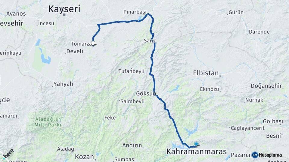 Kahramanmaraş Tomarza Kayseri Arası Kaç Km - Yol Haritası