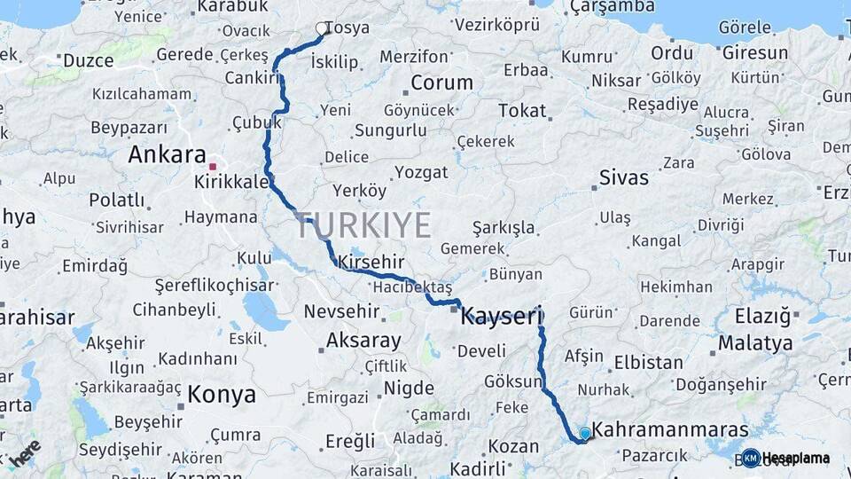 Kahramanmaraş Tosya Kastamonu Arası Kaç Km - Yol Haritası