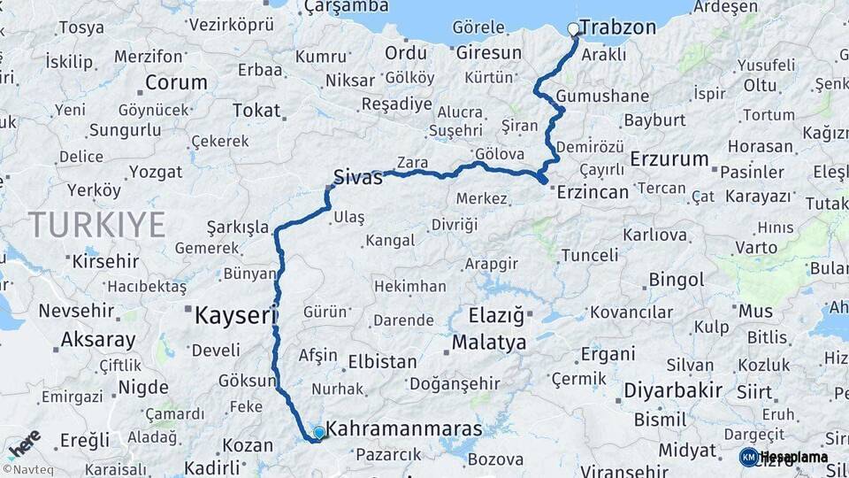Kahramanmaraş Trabzon Arası Kaç Km - Yol Haritası