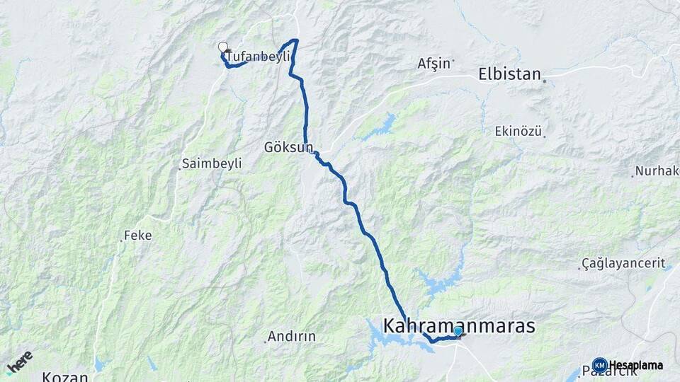 Kahramanmaraş Tufanbeyli Adana Arası Kaç Km - Yol Haritası