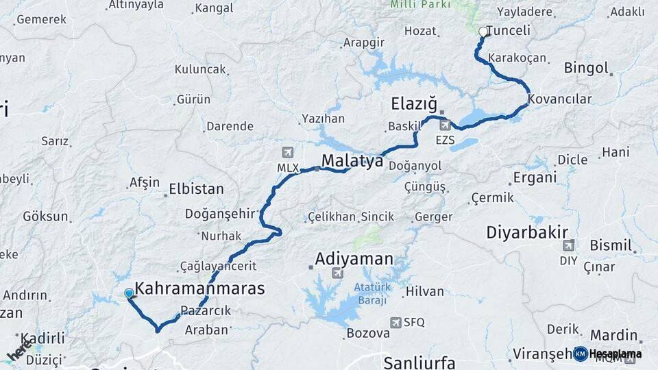 Kahramanmaraş Tunceli Arası Kaç Km - Yol Haritası