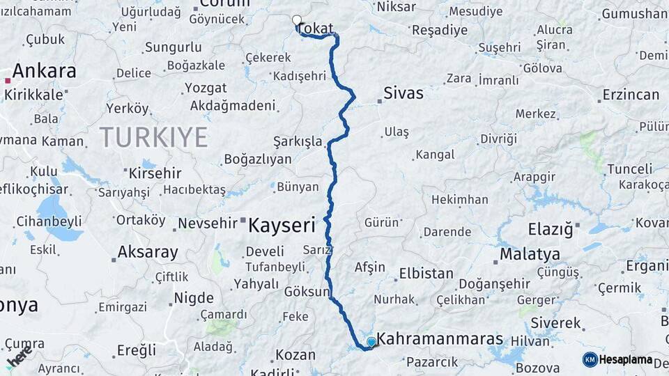 Kahramanmaraş Turhal Tokat Arası Kaç Km - Yol Haritası
