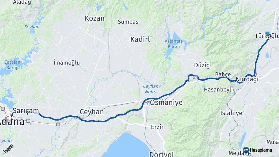 Kahramanmaraş Türkoğlu Adana Arası Kaç Km - Yol Haritası