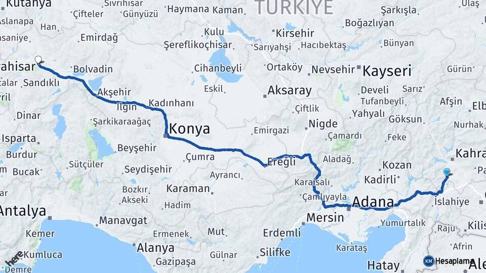 Kahramanmaraş Türkoğlu Afyonkarahisar Arası Kaç Km - Yol Haritası