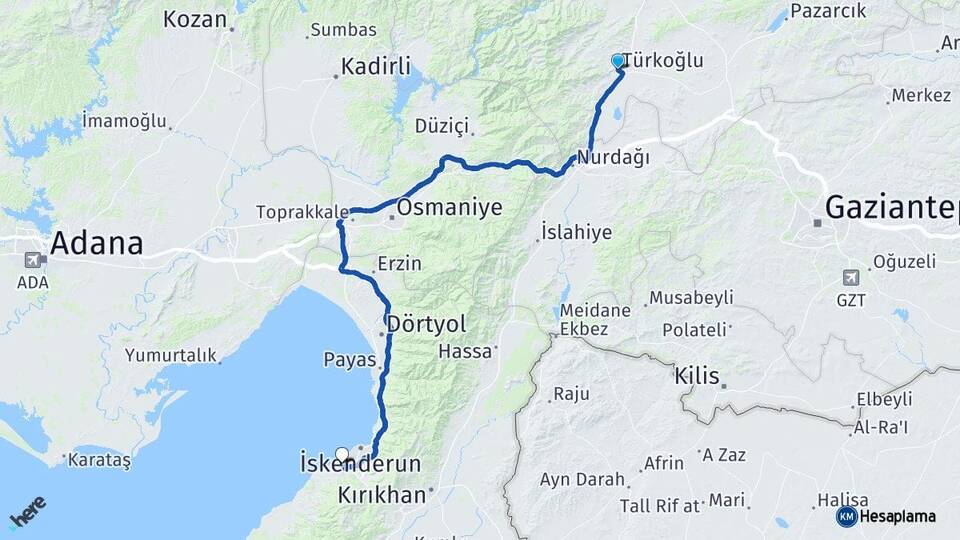 Kahramanmaraş Türkoğlu Arsuz Hatay Arası Kaç Km - Yol Haritası