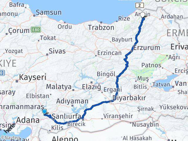 Kahramanmaraş Türkoğlu Artvin Arası Kaç Km - Yol Haritası