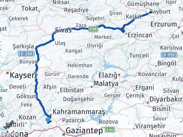 Kahramanmaraş Türkoğlu Bayburt Arası Kaç Km - Yol Haritası
