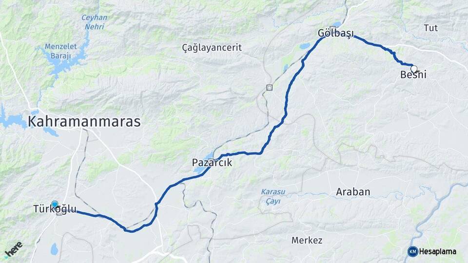 Kahramanmaraş Türkoğlu Besni Adıyaman Arası Kaç Km - Yol Haritası