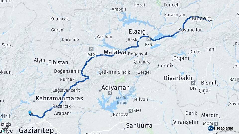 Kahramanmaraş Türkoğlu Bingöl Arası Kaç Km - Yol Haritası