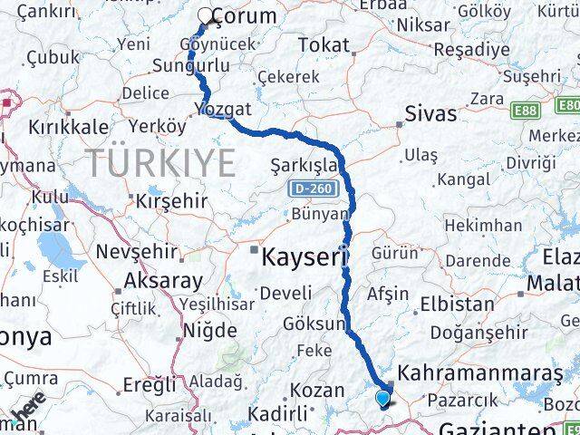 Kahramanmaraş Türkoğlu Çorum Arası Kaç Km - Yol Haritası