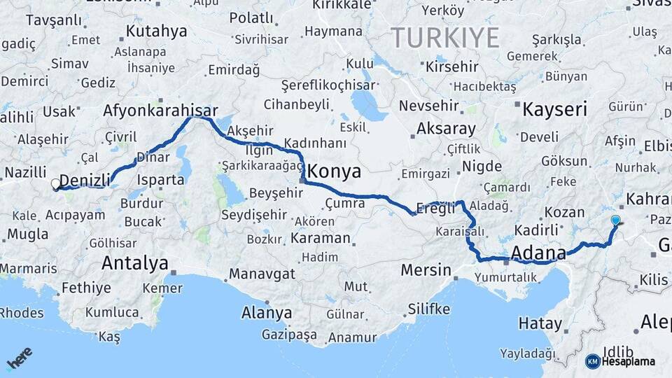 Kahramanmaraş Türkoğlu Denizli Arası Kaç Km - Yol Haritası