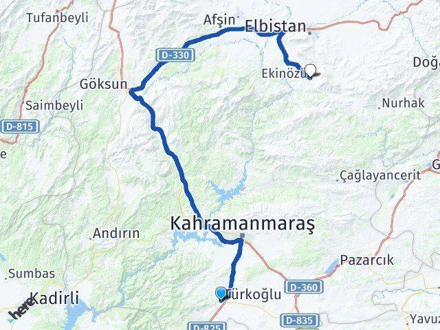Kahramanmaraş Türkoğlu Ekinözü Arası Kaç Km - Yol Haritası