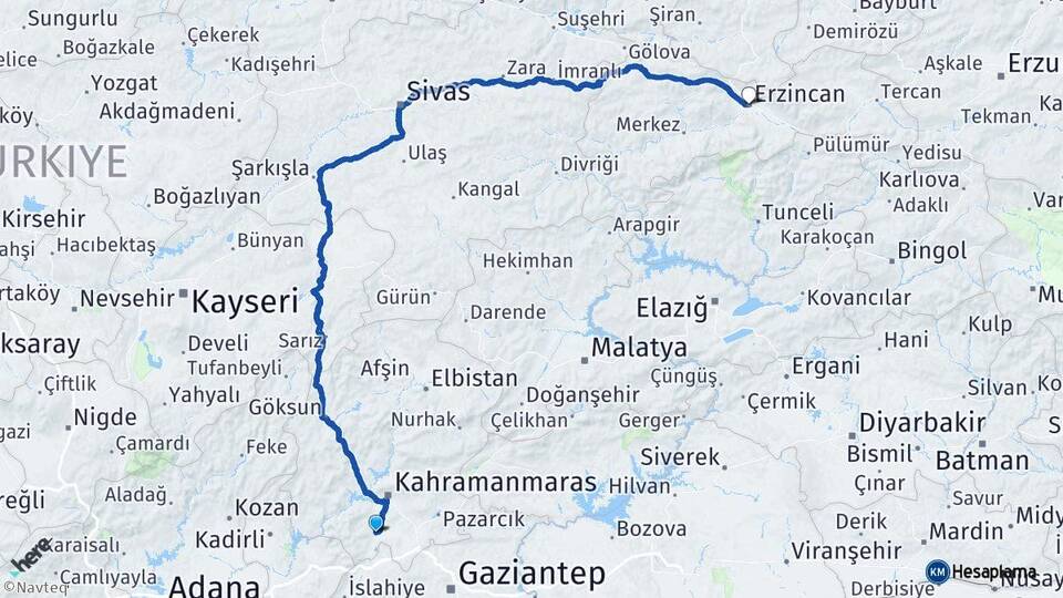 Kahramanmaraş Türkoğlu Erzincan Arası Kaç Km - Yol Haritası