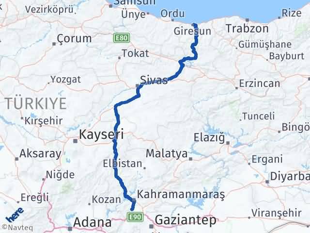 Kahramanmaraş Türkoğlu Giresun Arası Kaç Km - Yol Haritası