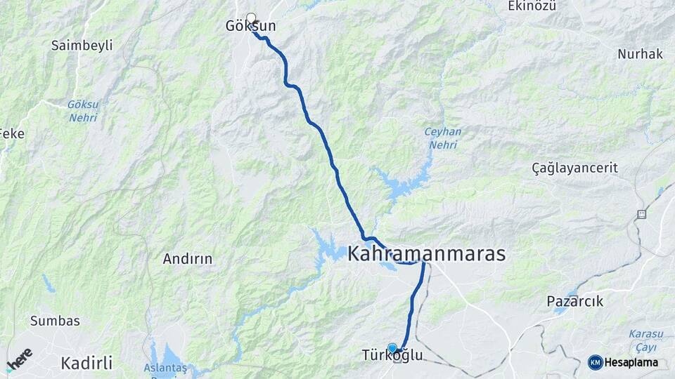 Kahramanmaraş Türkoğlu Göksun Arası Kaç Km - Yol Haritası