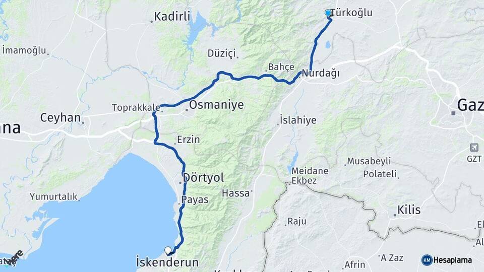 Kahramanmaraş Türkoğlu İskenderun Hatay Arası Kaç Km - Yol Haritası
