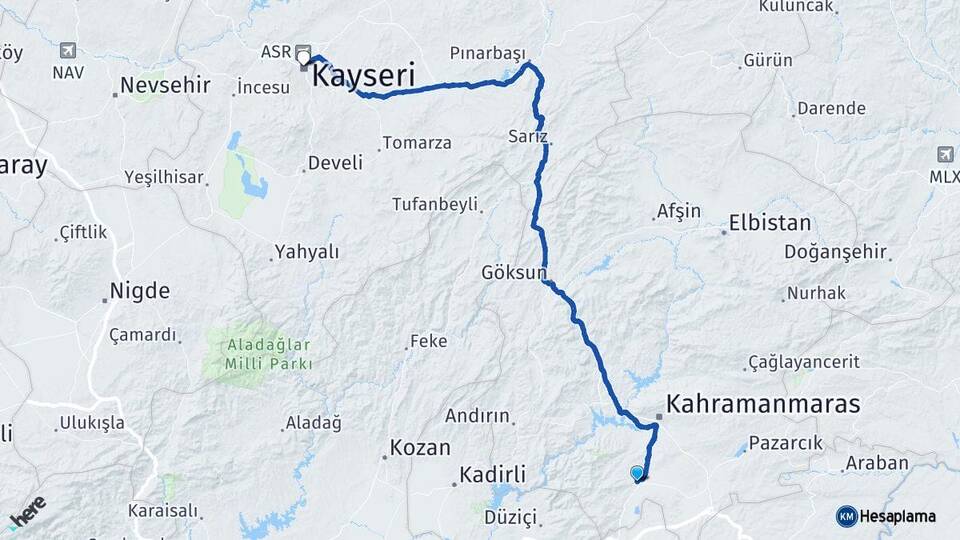 Kahramanmaraş Türkoğlu Kayseri Arası Kaç Km - Yol Haritası