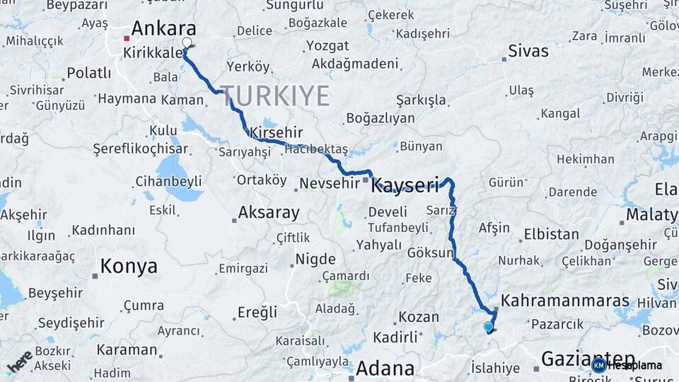 Kahramanmaraş Türkoğlu Kırıkkale Arası Kaç Km - Yol Haritası