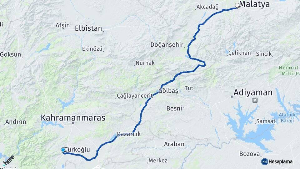 Kahramanmaraş Türkoğlu Malatya Arası Kaç Km - Yol Haritası