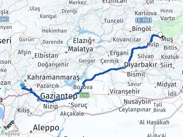 Kahramanmaraş Türkoğlu Muş Arası Kaç Km - Yol Haritası