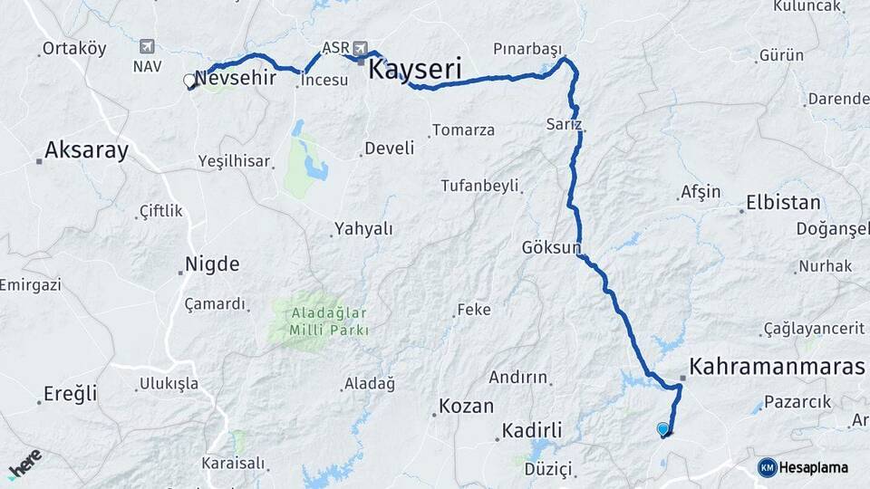 Kahramanmaraş Türkoğlu Nevşehir Arası Kaç Km - Yol Haritası