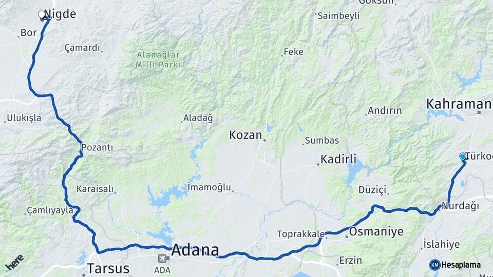 Kahramanmaraş Türkoğlu Niğde Arası Kaç Km - Yol Haritası