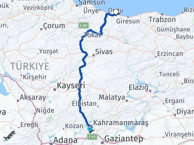 Kahramanmaraş Türkoğlu Ordu Arası Kaç Km - Yol Haritası