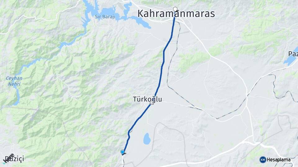 Kahramanmaraş Türkoğlu Şekeroba Arası Kaç Km - Yol Haritası