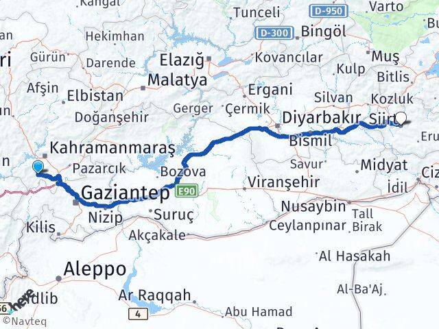 Kahramanmaraş Türkoğlu Siirt Arası Kaç Km - Yol Haritası