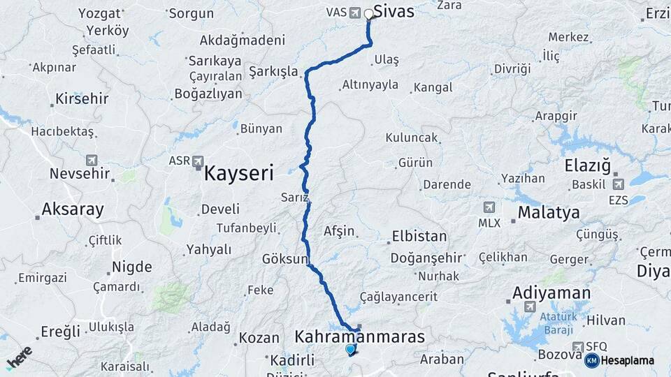 Kahramanmaraş Türkoğlu Sivas Arası Kaç Km - Yol Haritası