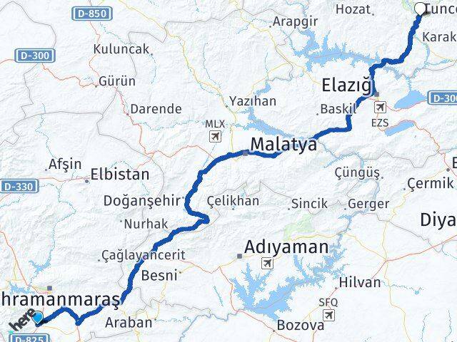 Kahramanmaraş Türkoğlu Tunceli Arası Kaç Km - Yol Haritası
