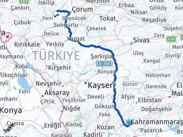 Kahramanmaraş Uğurludağ Çorum Arası Kaç Km - Yol Haritası