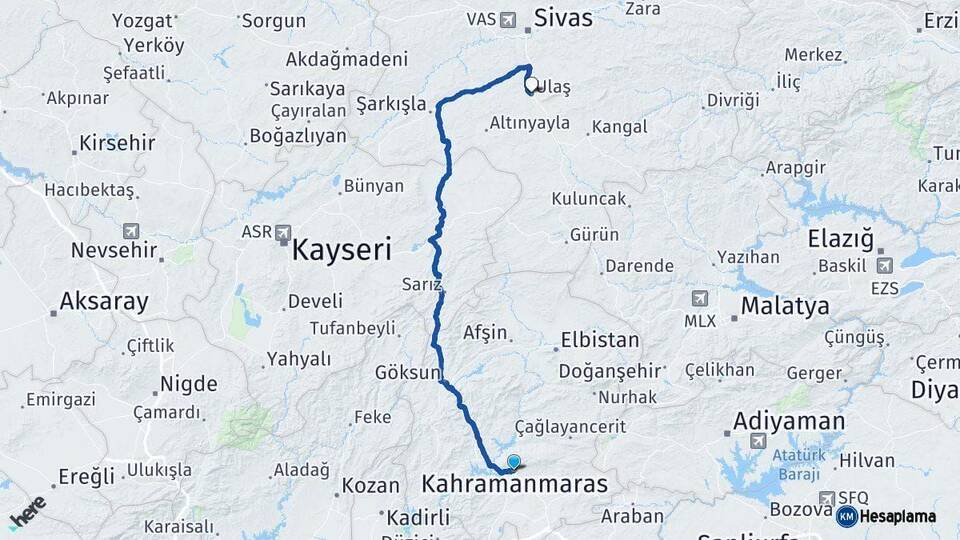Kahramanmaraş Ulaş Sivas Arası Kaç Km - Yol Haritası