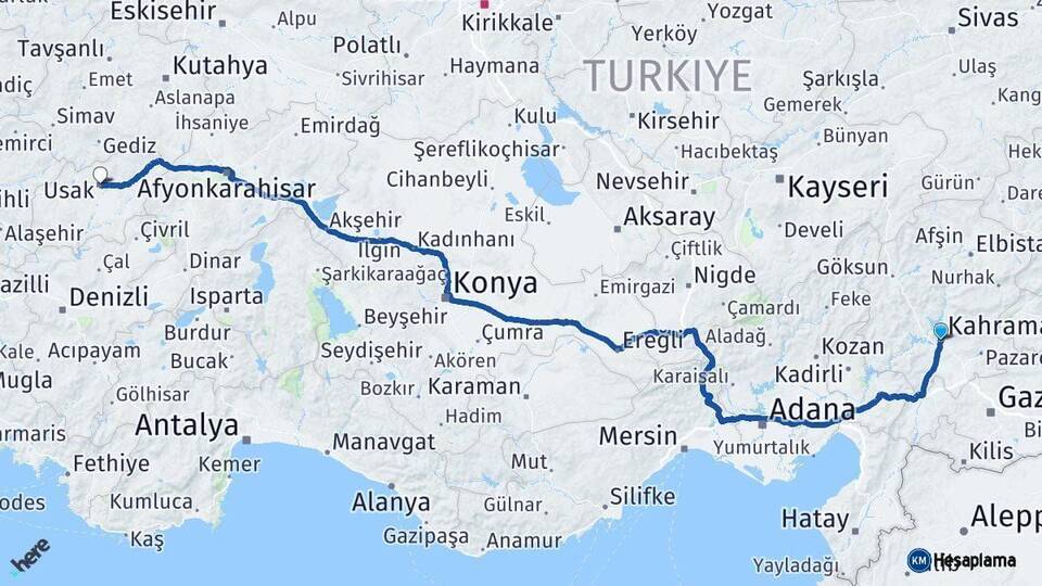 Kahramanmaraş Uşak Arası Kaç Km - Yol Haritası