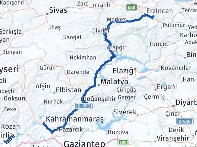 Kahramanmaraş Üzümlü Erzincan Arası Kaç Km - Yol Haritası