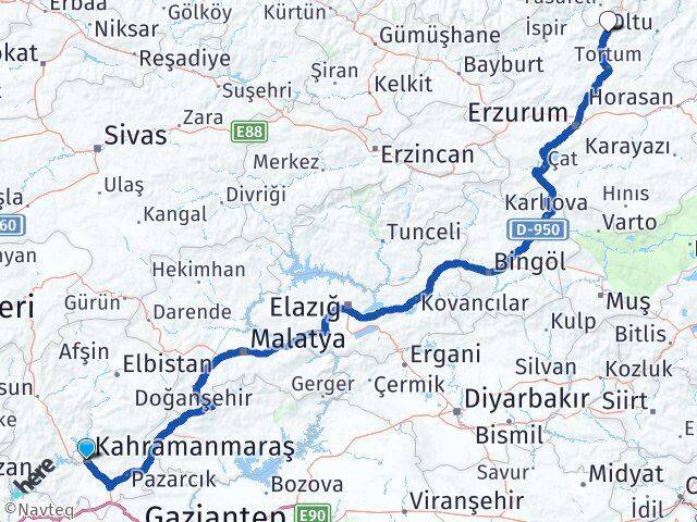 Kahramanmaraş Uzundere Erzurum Arası Kaç Km - Yol Haritası