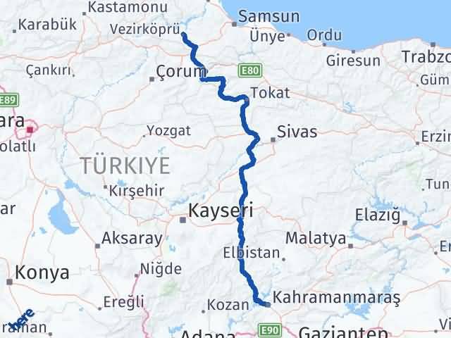 Kahramanmaraş Vezirköprü Samsun Arası Kaç Km - Yol Haritası