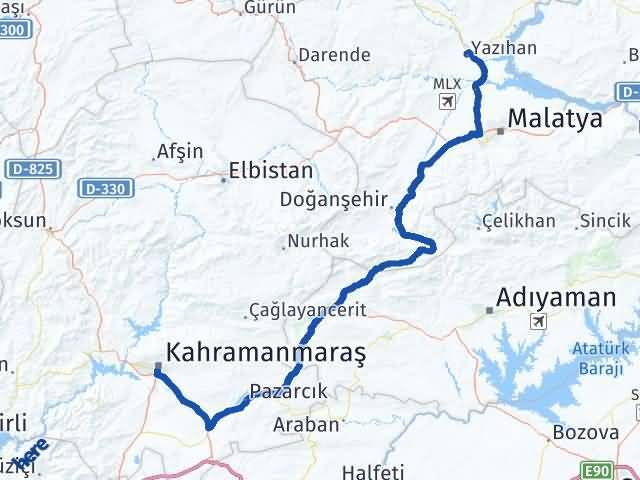 Kahramanmaraş Yazıhan Malatya Arası Kaç Km - Yol Haritası