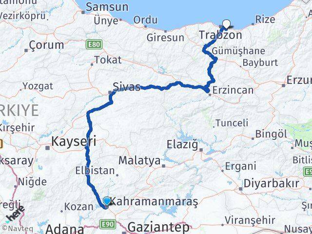 Kahramanmaraş Yomra Trabzon Arası Kaç Km - Yol Haritası