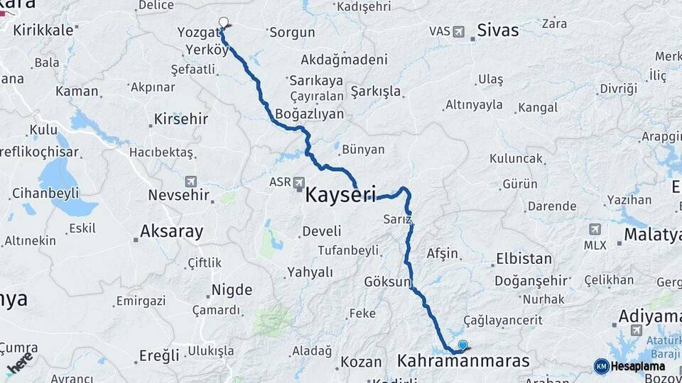 Kahramanmaraş Yozgat Arası Kaç Km - Yol Haritası