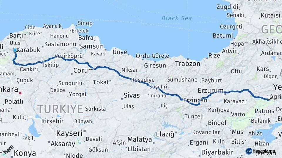 Karabük Ağrı Arası Kaç Km - Yol Haritası