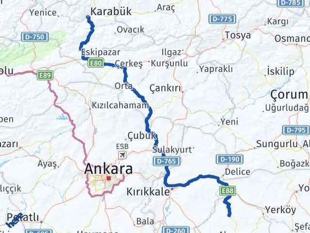 Karabük Akçakent Kırşehir Arası Kaç Km - Yol Haritası