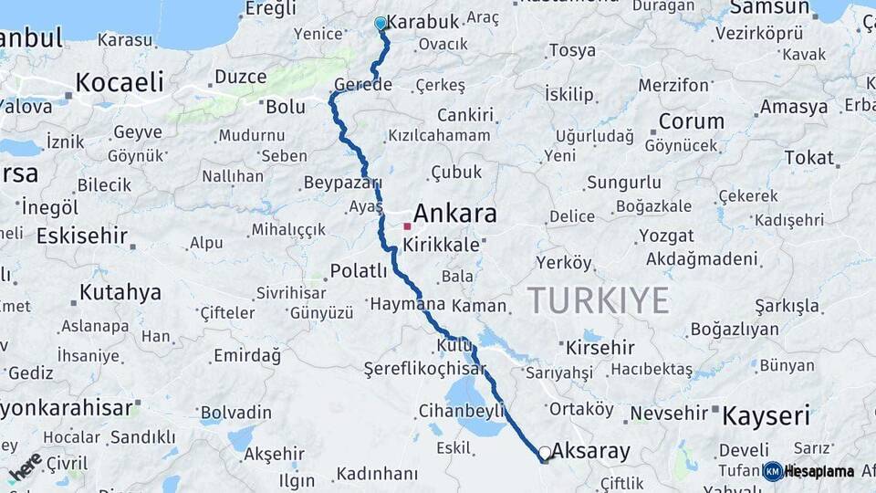 Karabük Aksaray Arası Kaç Km - Yol Haritası
