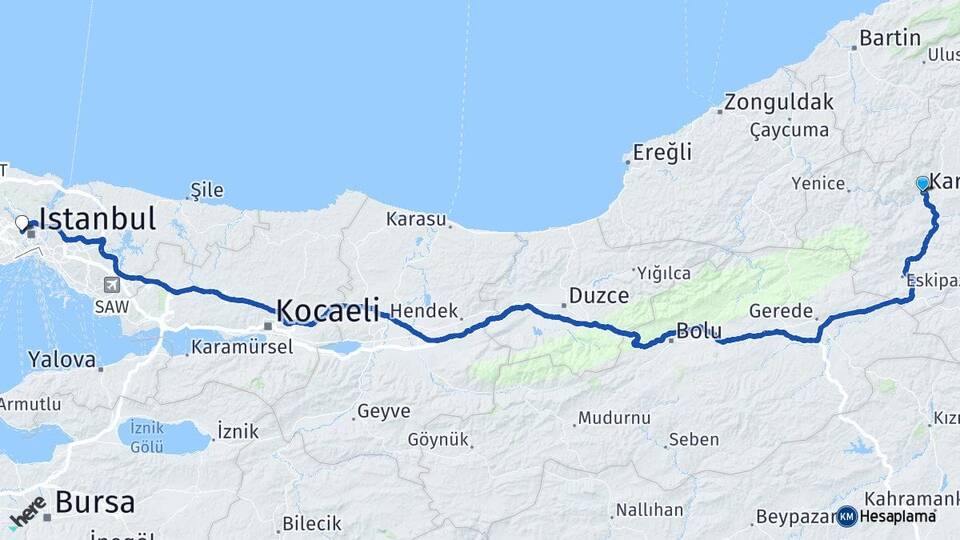 Karabük Alibeyköy Eyüpsultan İstanbul Arası Kaç Km - Yol Haritası