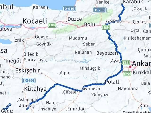 Karabük Altıntaş Kütahya Arası Kaç Km - Yol Haritası