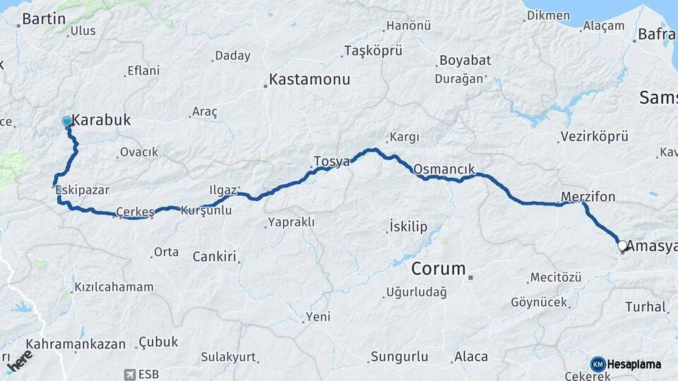 Karabük Amasya Arası Kaç Km - Yol Haritası