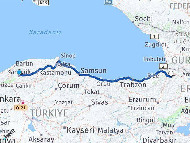 Karabük Ardanuç Artvin Arası Kaç Km - Yol Haritası
