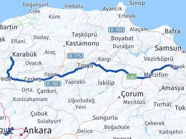 Karabük Asarcık Samsun Arası Kaç Km - Yol Haritası
